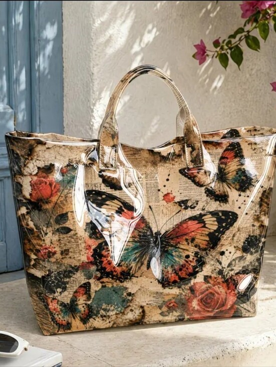 Girls Slay Handbags - Beautiful Butterfly Newspaper Print Large Tote Bag